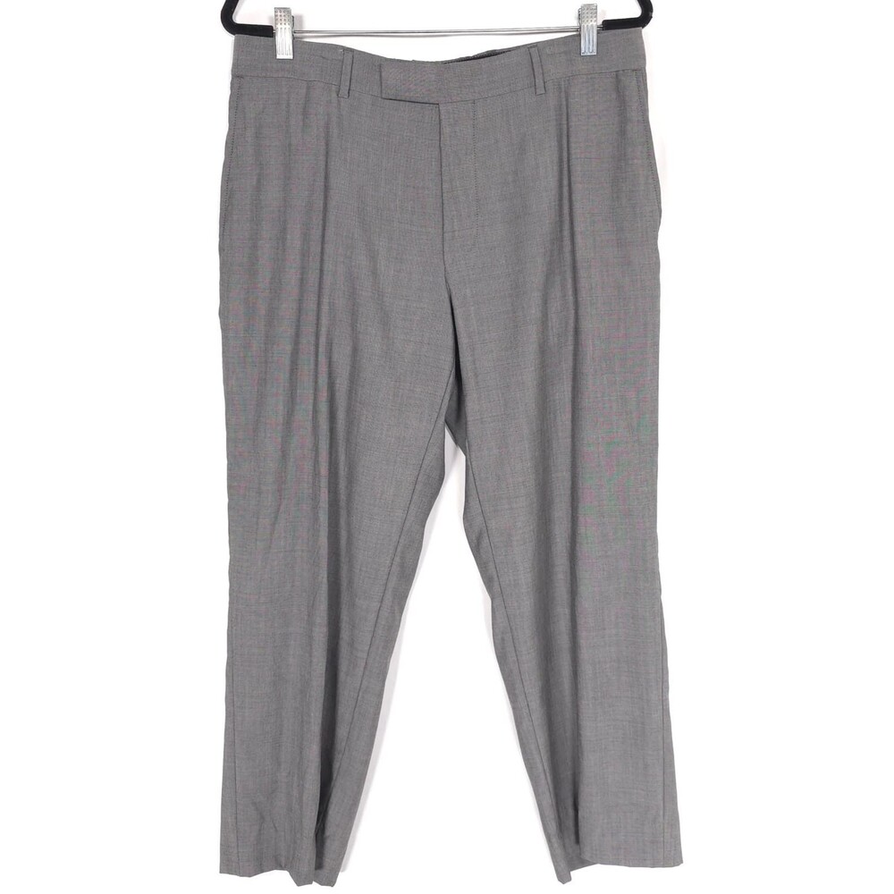 HUGO BOSS Gray Dress Pants Flat Front 100% Virgin Wool Blend 35R Tailored Fit